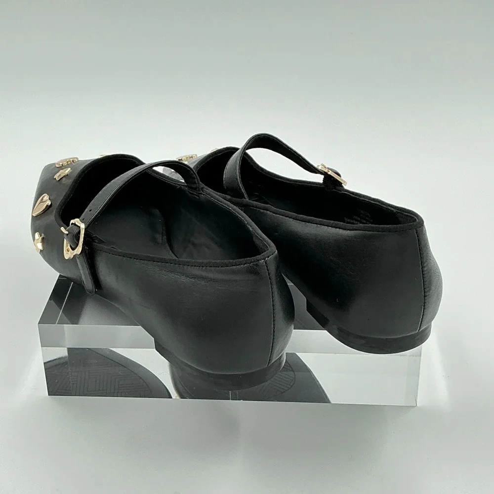 Karl Lagerfeld Paris Size 7 Black Leather Mary Jane Flats Gold Studs Veyda